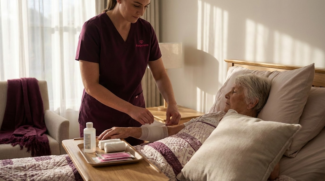 אחות פרטית מטפלת במטופל לאחר ניתוח בסביבה הביתית